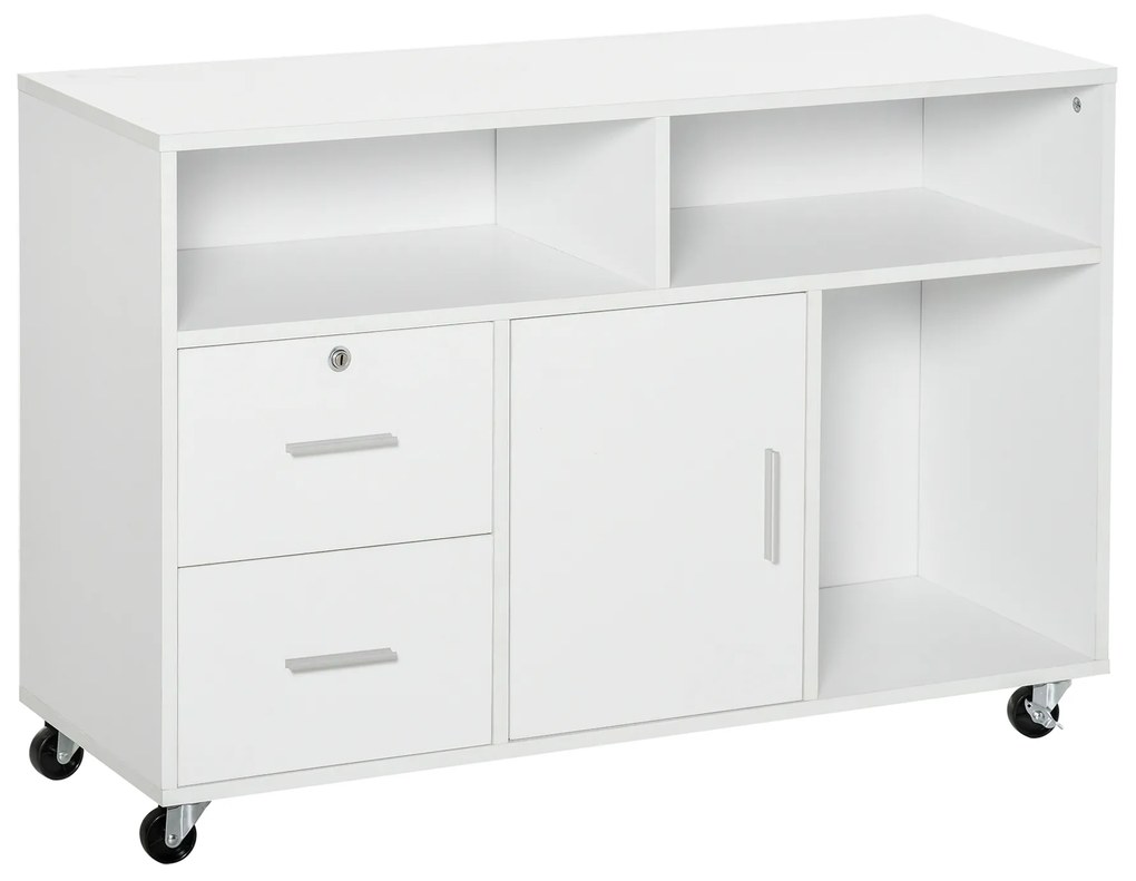 HOMCOM Suport pentru imprimantă cu 2 sertare mobilier de depozitare pe roți rafturi deschise și dulap, 100 x 35 x 65 cm, alb | Aosom Romania