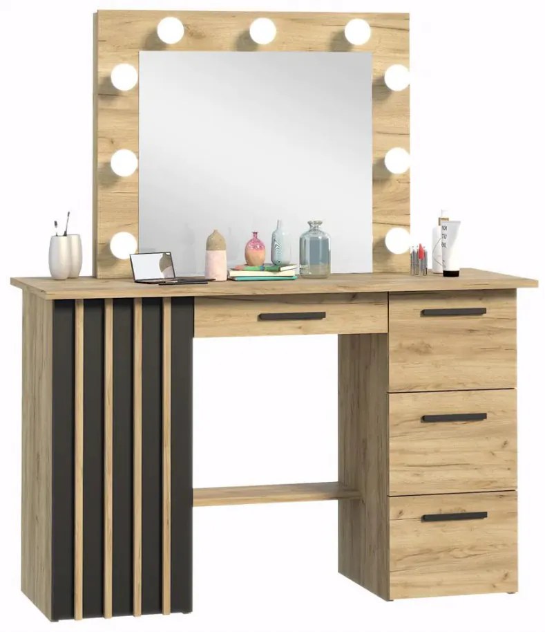 SEM535 - Set Masa toaleta, 120 cm, moderna cosmetica machiaj oglinda, masuta vanity, oglinda cu 9 LED, cu sau fara scaun - culoarea Stejar