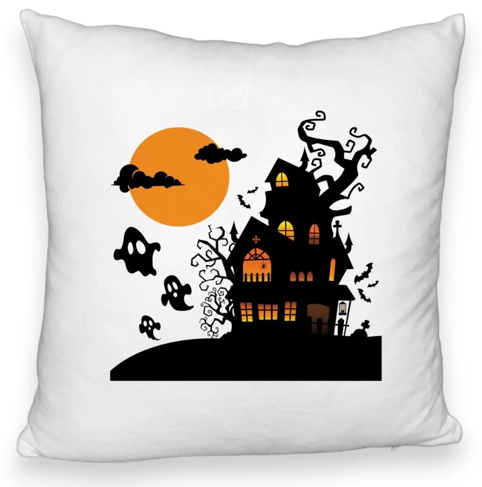 Perna Decorativa Fluffy cu motiv de Halloween 4, 40x40 cm, Alba, Husa Detasabila, Burduf