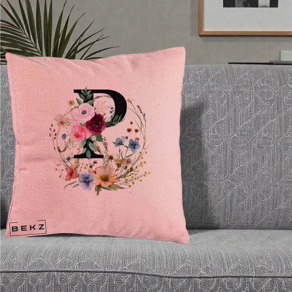 Cadou Personalizat - Perna Personalizata Monogram Litera P cu Flori Acuarela, 40x40 cm, Roz, Husa Detasabila, Perna Inclusa, BEKZ®