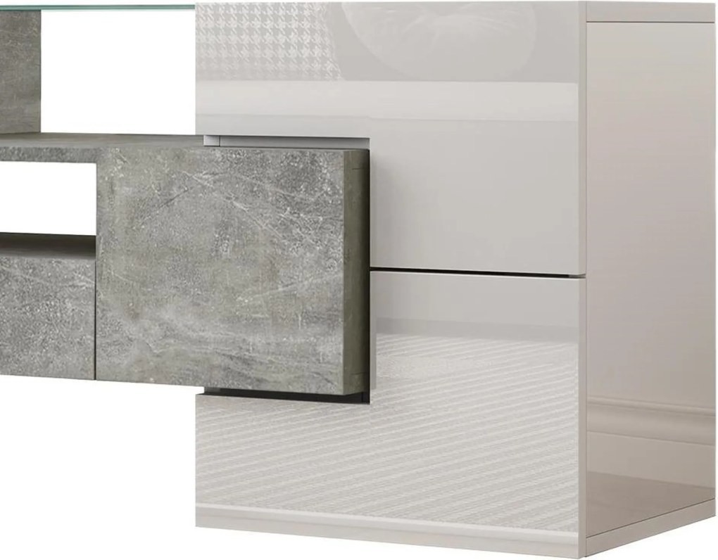 Dulap TV cu iluminare LED, suprafețe din sticlă, cu 6 uși, 2 sertare și 3 compartimente, 145x30x51 cm, Alb+Gri