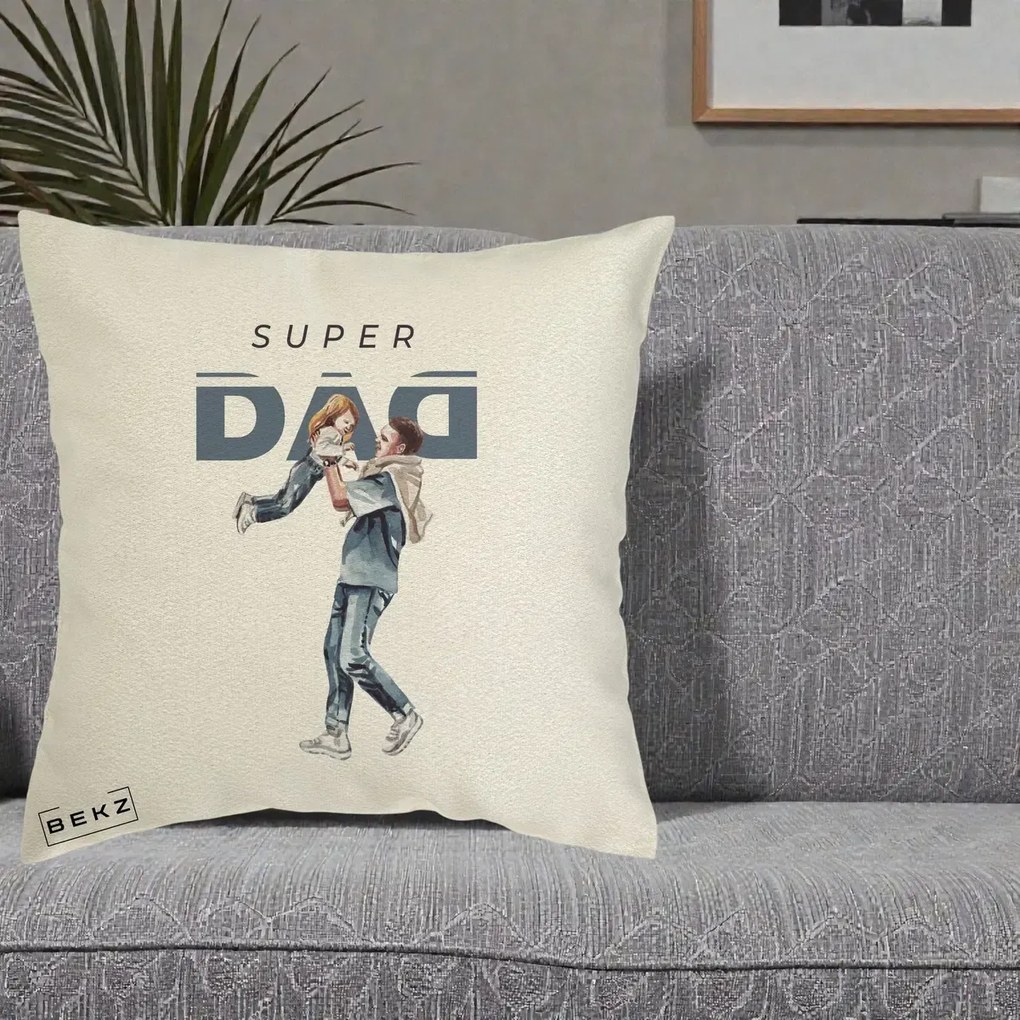 Cadou pentru Tata - Perna Personalizata Super DAD Tata si Fiica, 40x40 cm, Ecru, Husa Detasabila, Perna Inclusa, BEKZ®