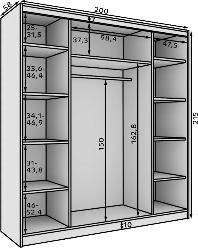 Dulap cu usi glisante, 200x58x215 cm, Greta 200, ADRK Furniture (Culoare: Negru / Alb)