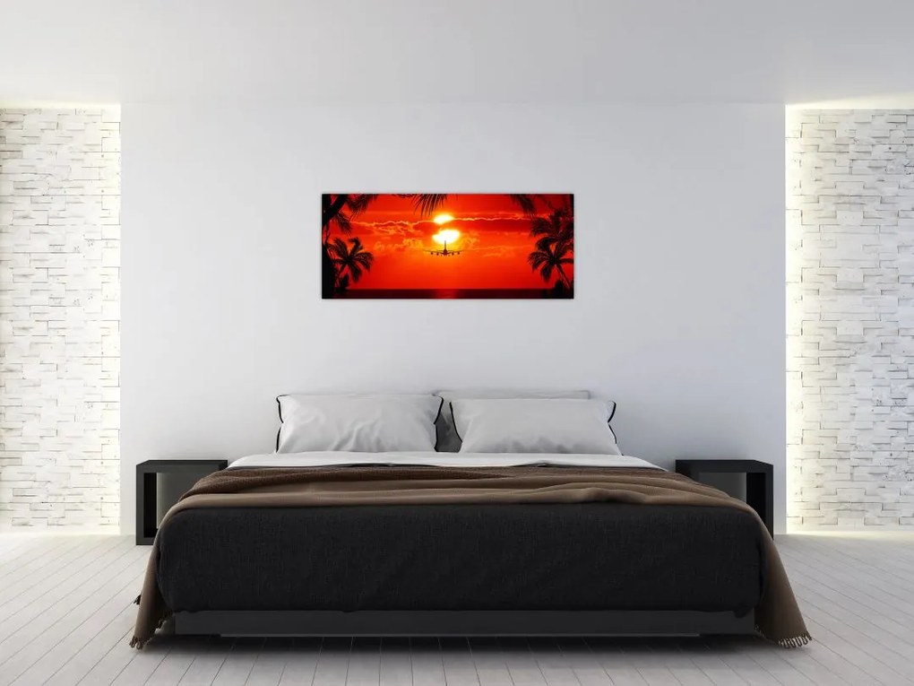 Tablou - apus de soare cu avion (120x50 cm)