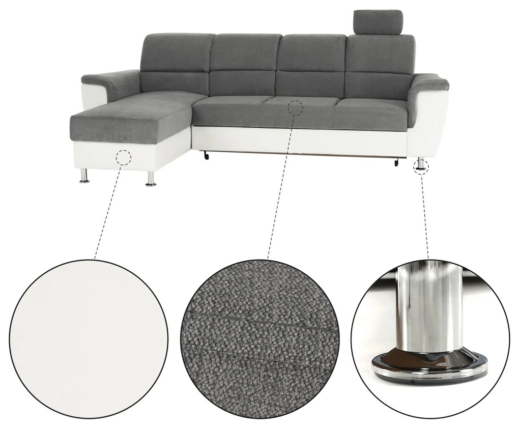 Colţar mic, piele ecologică alb/material textil gri, model stânga, SANTIAGO