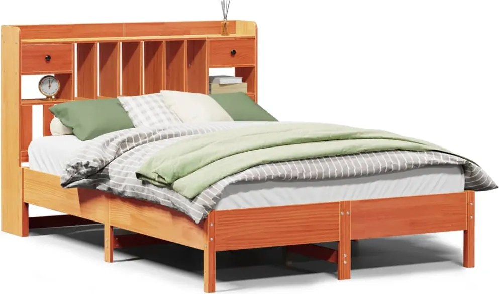 vidaXL Pat cu bibliotecă fără saltea maro 135x190 cm lemn masiv de pin