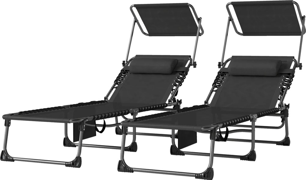 Outsunny Set de 2 șezlonguri pliabile cu suport pentru cap parasolar buzunar lateral și spătar reglabil în 5 poziții negru | Aosom Romania