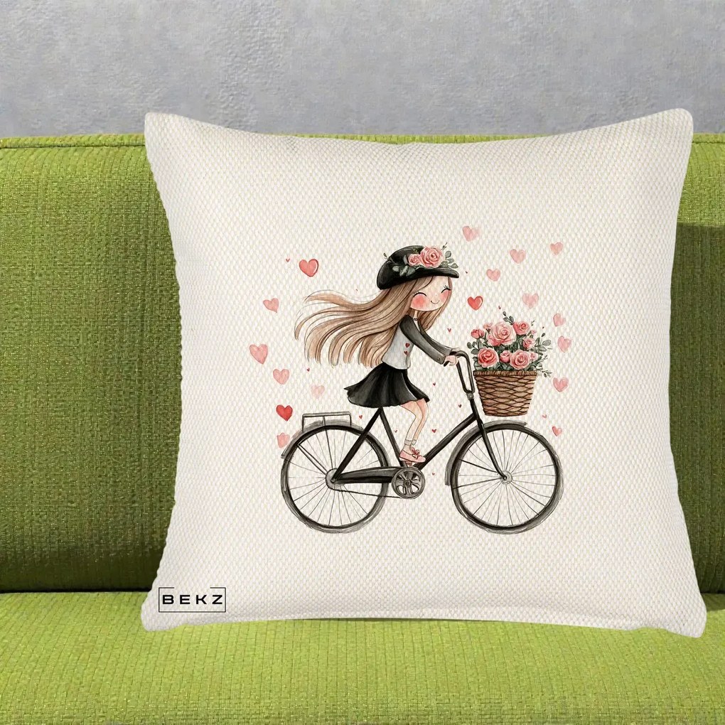 Perna Decorativa Fetita Kawaii pe Bicicleta cu Trandafiri si Inimioare, 40x40 cm, Crem Reliefat, Husa Detasabila, Perna Inclusa, BEKZ®