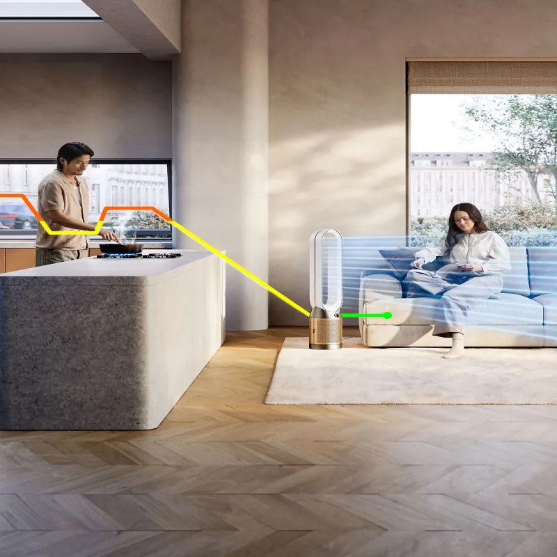 Purificator si racitor de aer Dyson Cool Formaldehyde™ TP09, 40W, 40 m², 10 viteze, Oscilatie, HEPA, Wi-Fi, LCD, Control vocal, Alb/Auriu