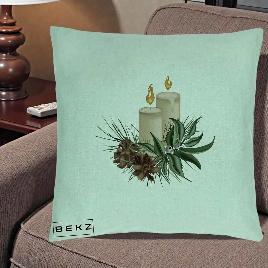 Perna Decorativa Lumanari cu Ilex si Conuri Ilustratie, 40x40 cm, Verde Menta, Husa Detasabila, Perna Inclusa, BEKZ®
