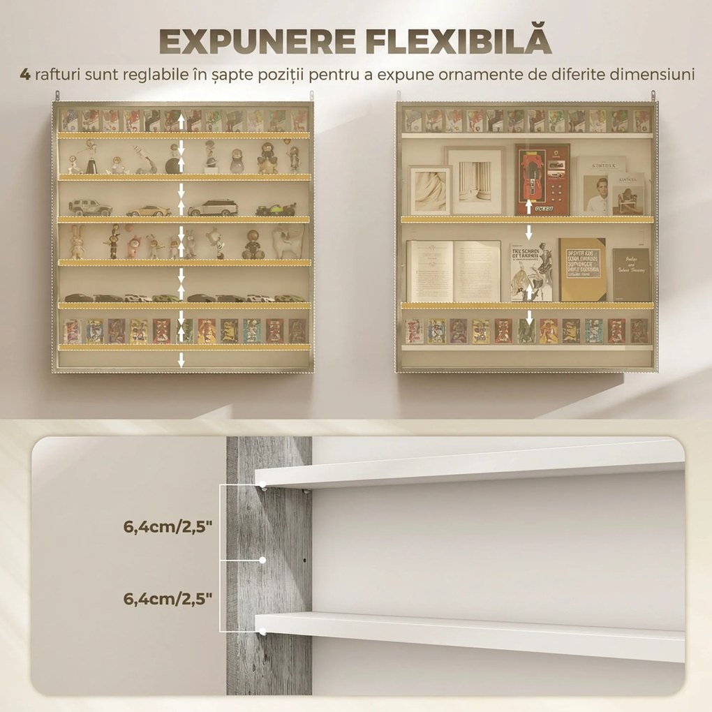 HOMCOM Dulap Tip Vitrină de Expoziție cu Rafturi Reglabile, Montată pe Perete, Negru | Aosom Romania