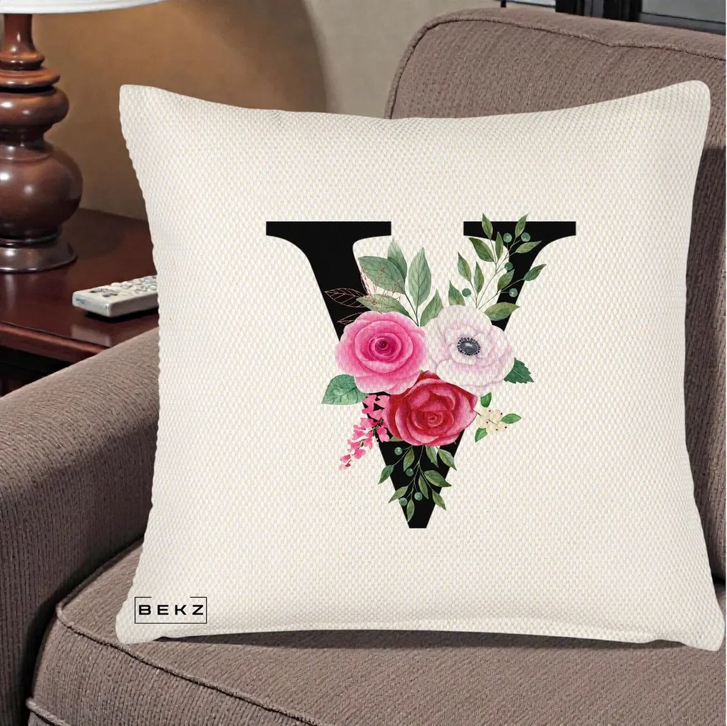 Cadou Personalizat - Perna Personalizata Monograma Florala Litera V cu Buchet, 40x40 cm, Crem Reliefat, Husa Detasabila, Perna Inclusa, BEKZ®