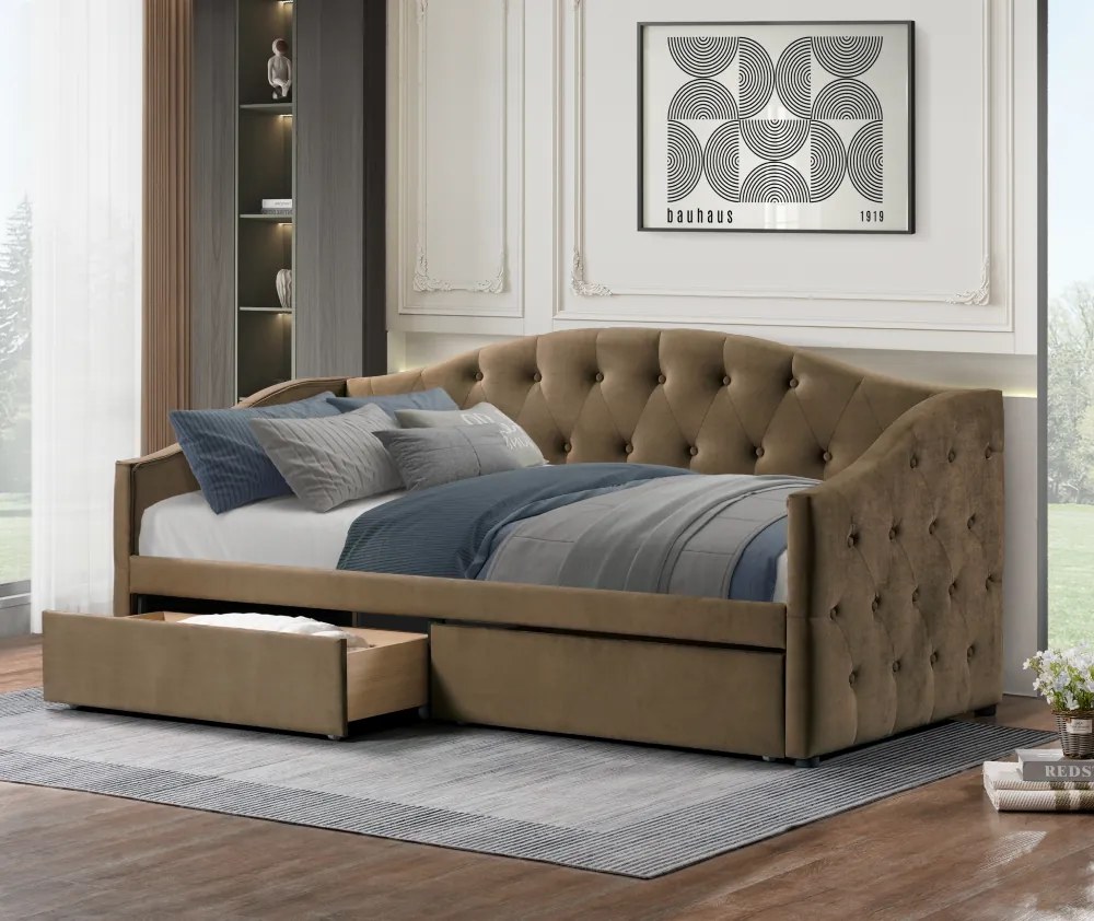 Pat cu spaţiu de depozitare, 90x200, ţesătură Velvet maro, ZASKA