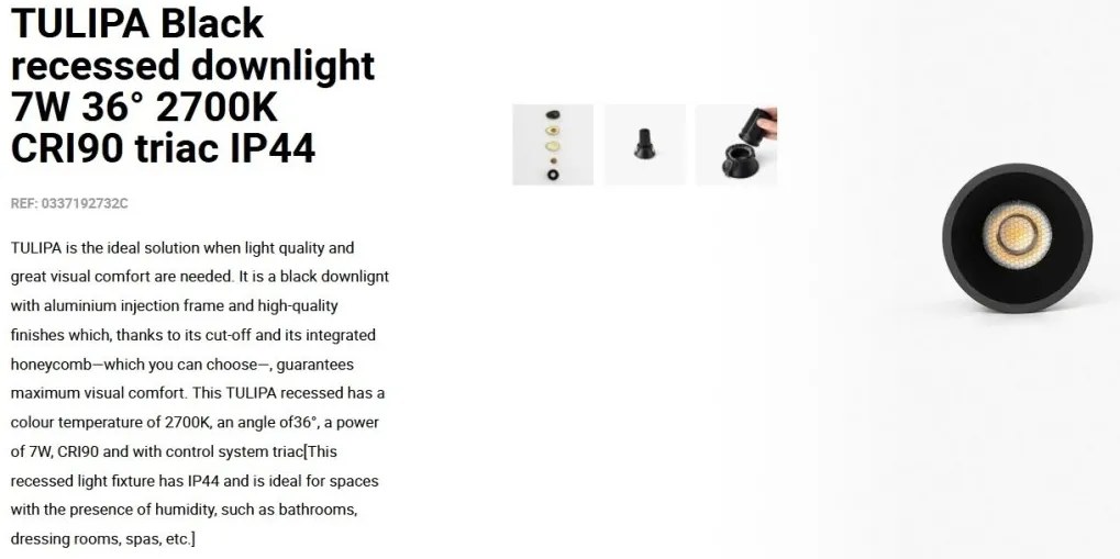 Spot LED incastrabil TULIPA Black recessed downlight 7W 36° 2700K CRI90 triac IP44