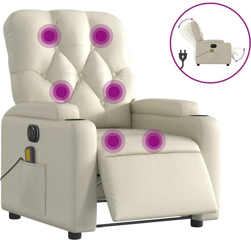 vidaXL Fotoliu electric de masaj rabatabil, crem, piele ecologică