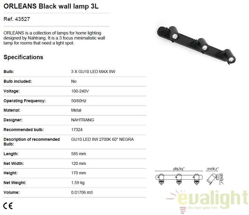 Aplica stil modern minimalist ORLEANS 3L negru 43527