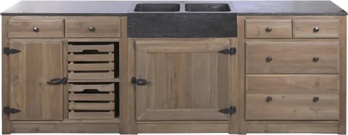 Set mobilier rustic de bucătărie din lemn de pin și blat din piatră neagră, 236 x 55 x 86 cm, „Cottage Kitchen Set"