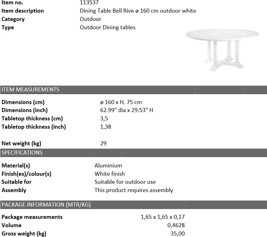 Masa pentru interior si exterior Bell Rive alb, 160cm 113537 HZ