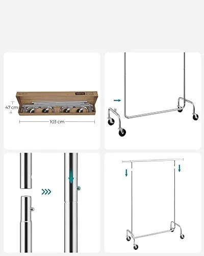 Umeraș pentru haine IRENE pe roți, max.130kg, 150x45x160cm, argintiu SongmicsHome