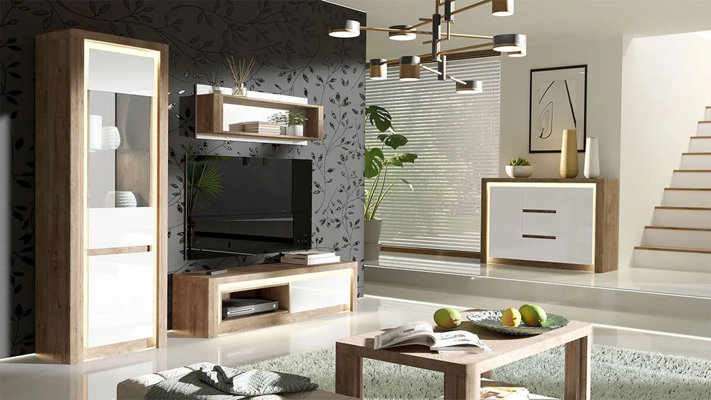 Camera de zi Stanton G117Alb lucios, Ribbeck stejar, Cu componente suplimentare, Părți separate, Cu comodă tv, Sticlă călită, PAL laminat, 236 kg