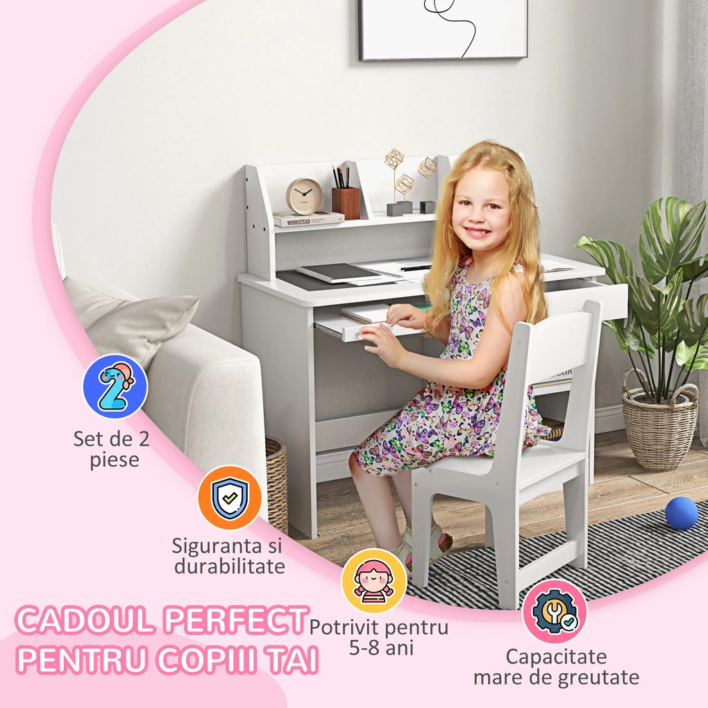 ZONEKIZ Birou Copii de 5-8 ani, si cu un raft cu multe compartimente, masa si scaun pentru copii din lemn, alb | Aosom Romania
