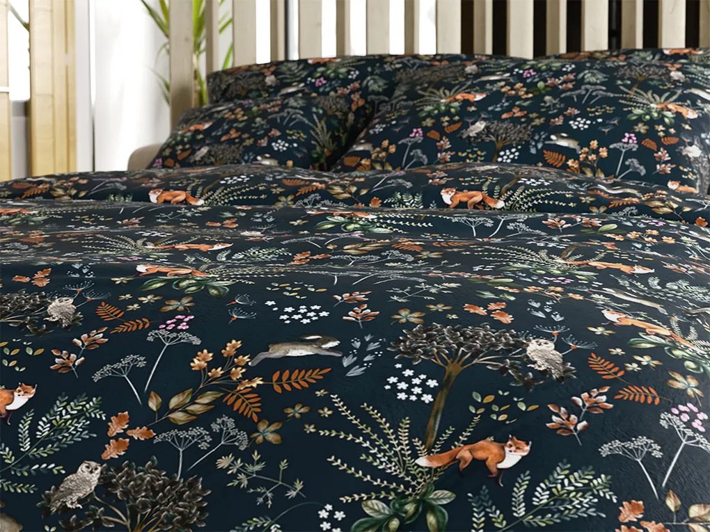 Set Lenjerie cocolino THE FOX AND THE HARE verde inchis + Cearsaf Cocolino microplus cu elastic SOFT 180x200 cm alb, pat dublu