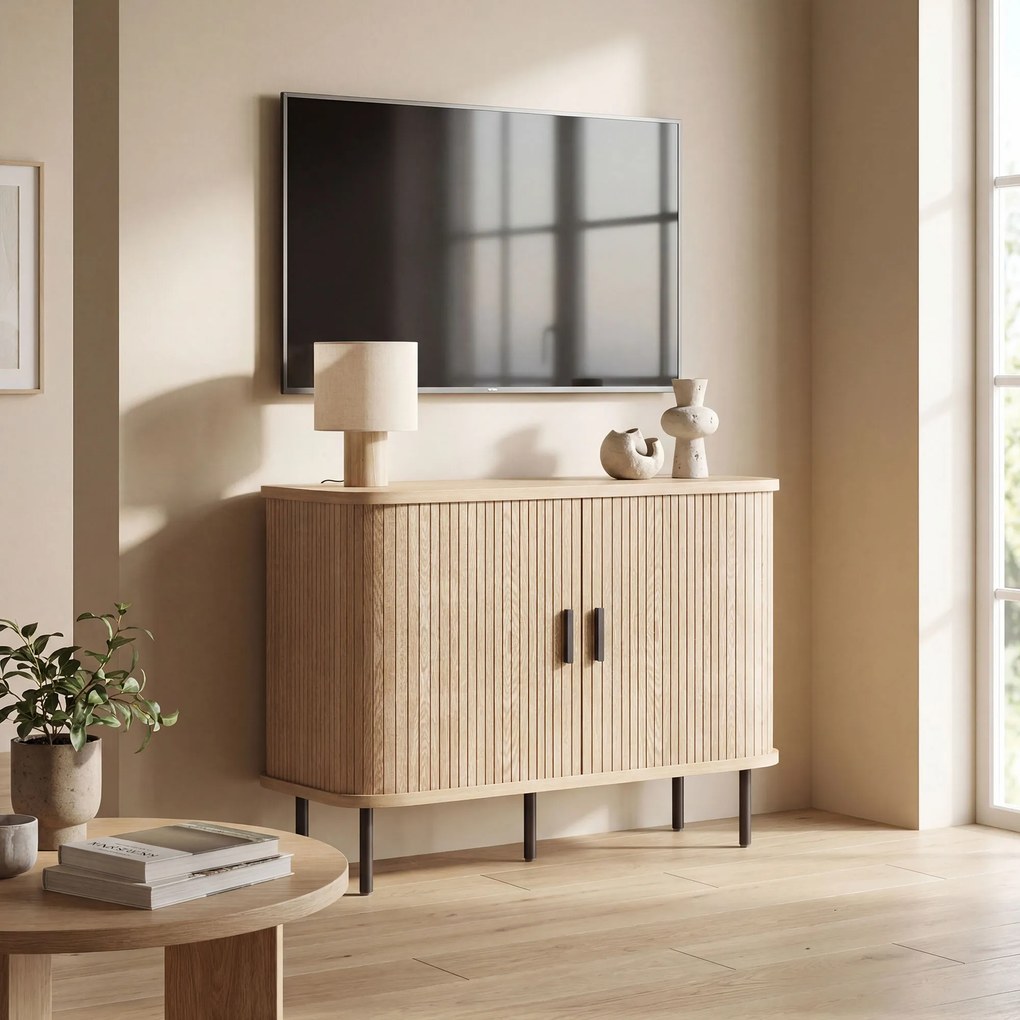 HOMCOM Bufet pentru living, corp de depozitare cu 2 uși culisante tambur cu lamele și 4 compartimente, stejar | Aosom Romania