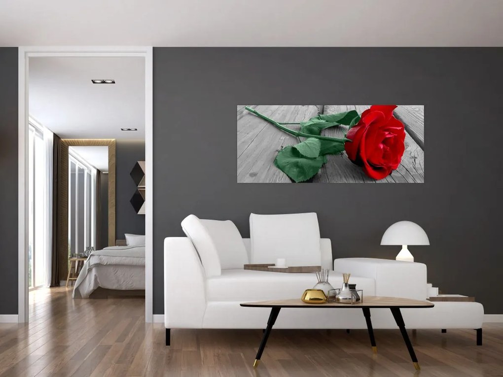 Tablou - Trandafir roșu cu tulpină verde (120x50 cm)
