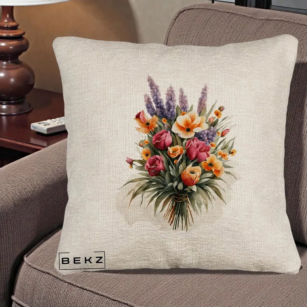 Perna Decorativa Buchet Mixt Acuarela Lavanda-Trandafiri, 40x40 cm, Bej Canapea, Husa Detasabila, Perna Inclusa, BEKZ®