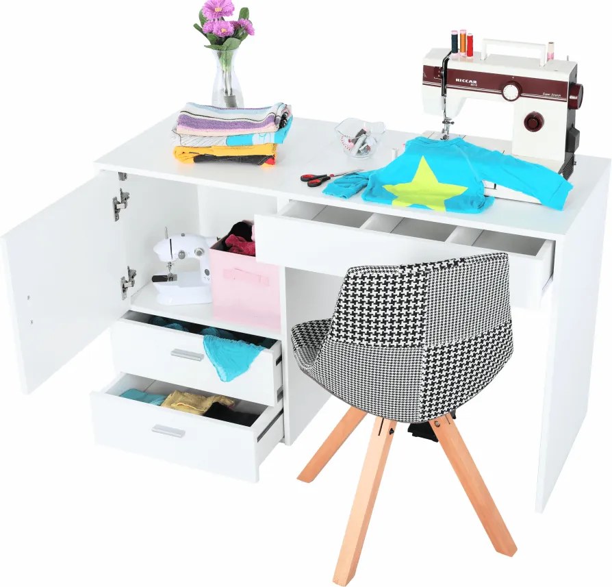 Masă multifuncţională/masă pentru croitori, alb, TAILOR