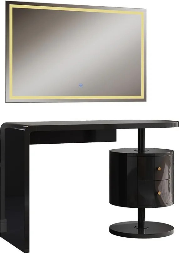 Masuta machiaj cu Oglinda LED si 2 Sertare pentru Cosmetice, Set Masa toaleta 120 cm, Negru, masuta cosmetica, vanity - SEN257