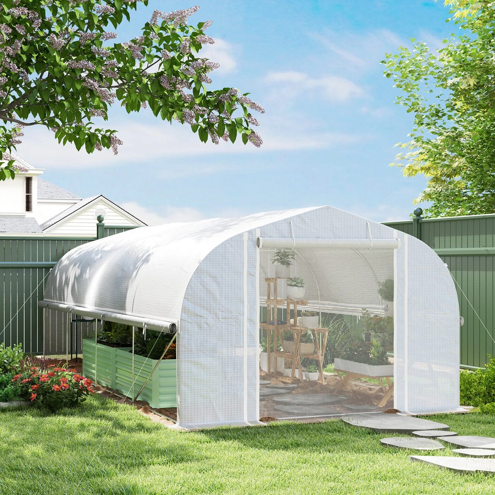 Outsunny Sera 6x3x2 m, accesibilă, 8 ferestre, ușă, plasă contra insectelor, cadru metalic, Alb | Aosom Romania