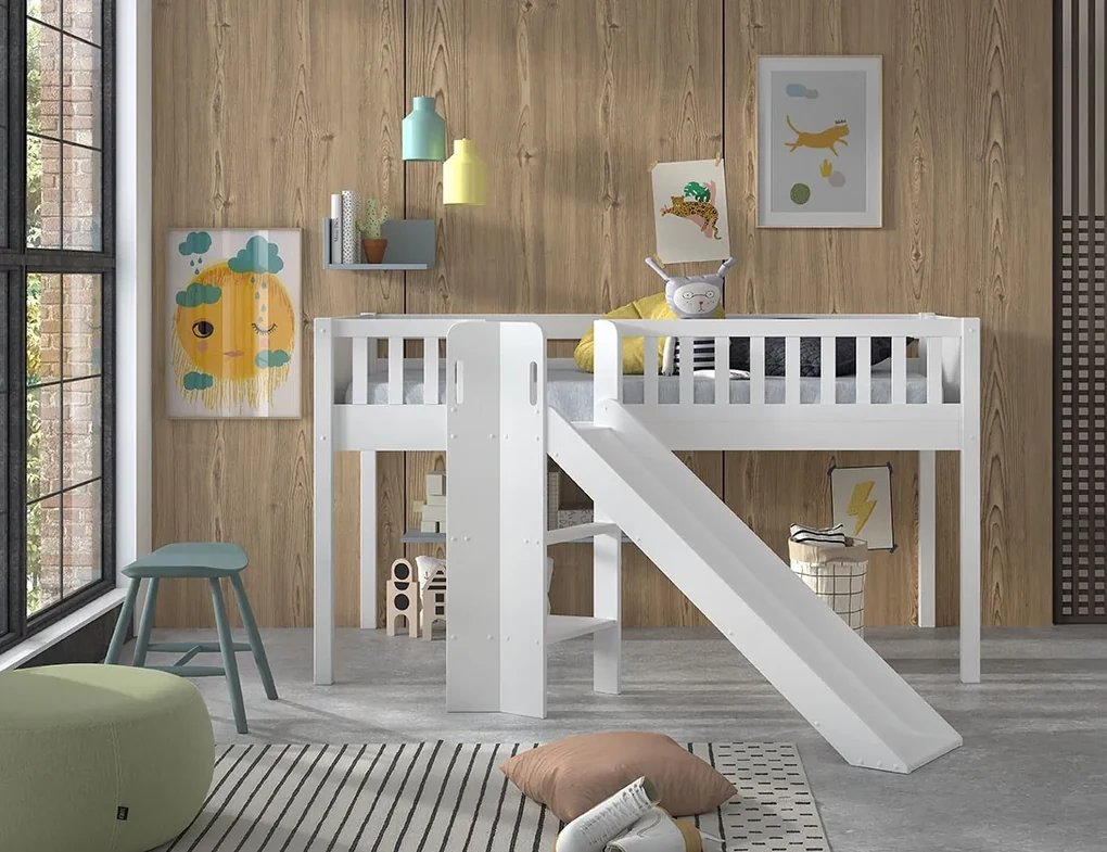 Pat ridicat pentru copii SCOTT, alb, 90 x 200 cm, din pin scandinav și MDF, cu scară frontală, tobogan, perdea de joacă și tunel ASTRO – Vipack
