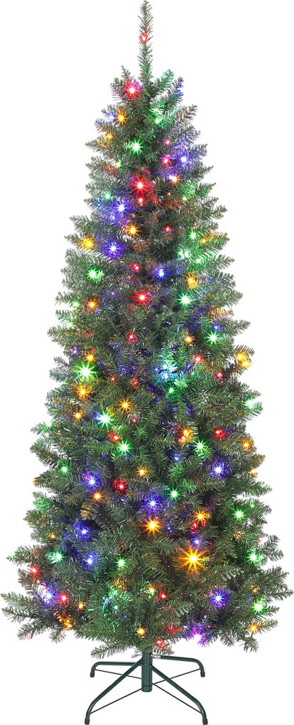 HOMCOM Pom de Crăciun Artificial de 180 cm cu Lumini Incorporate Albe și Colorate în 9 Moduri și 899 Crengi Ignifuge, Brad de Crăciun Dens și Realistic cu Bază Metalică Pliabilă pentru Acasă | Aosom Romania