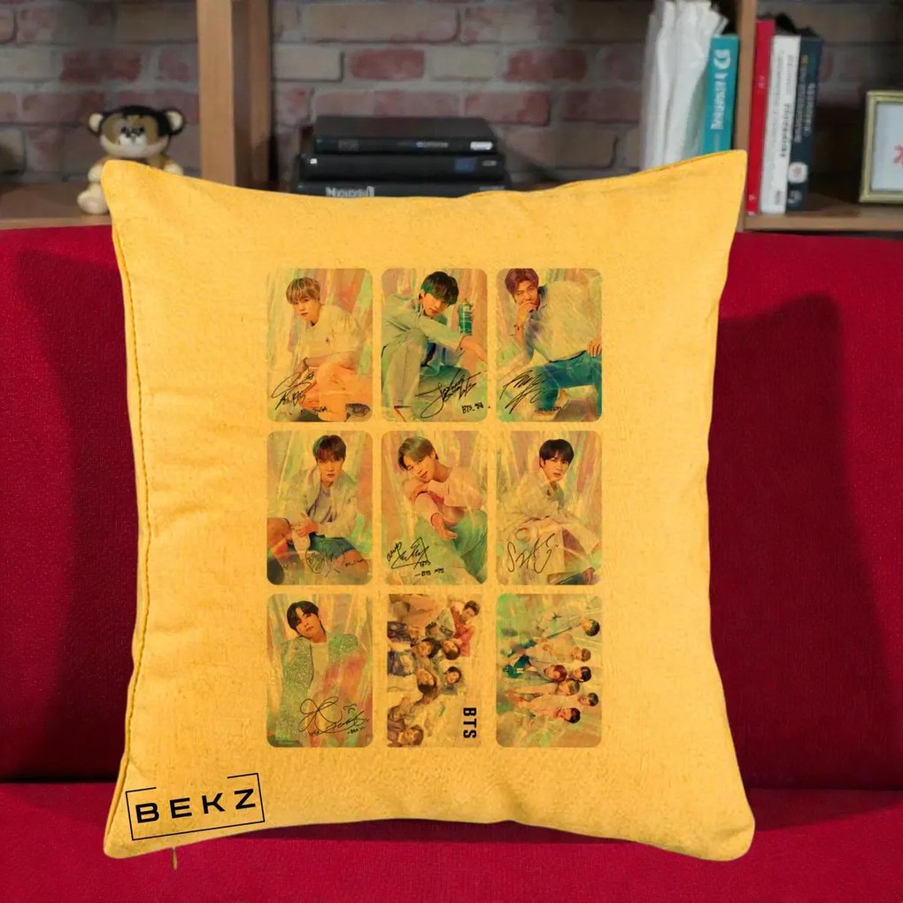 Perna Personalizata K-pop BTS Colaj 9 Fotografii Autografe Individual, 40x40 cm, Galben, Husa Detasabila, Perna Inclusa, BEKZ®