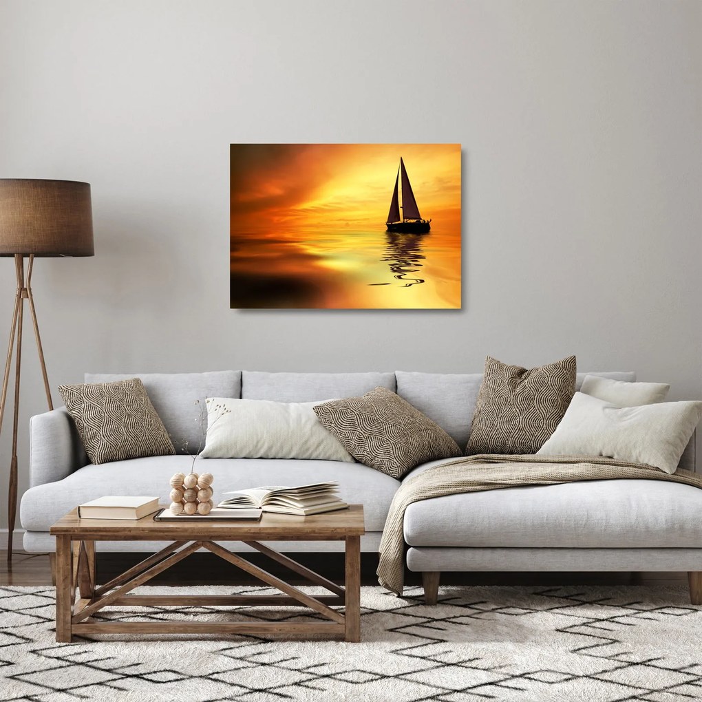 Tablou pe sticlă - Sailboat la apus de soare (70x50 cm)