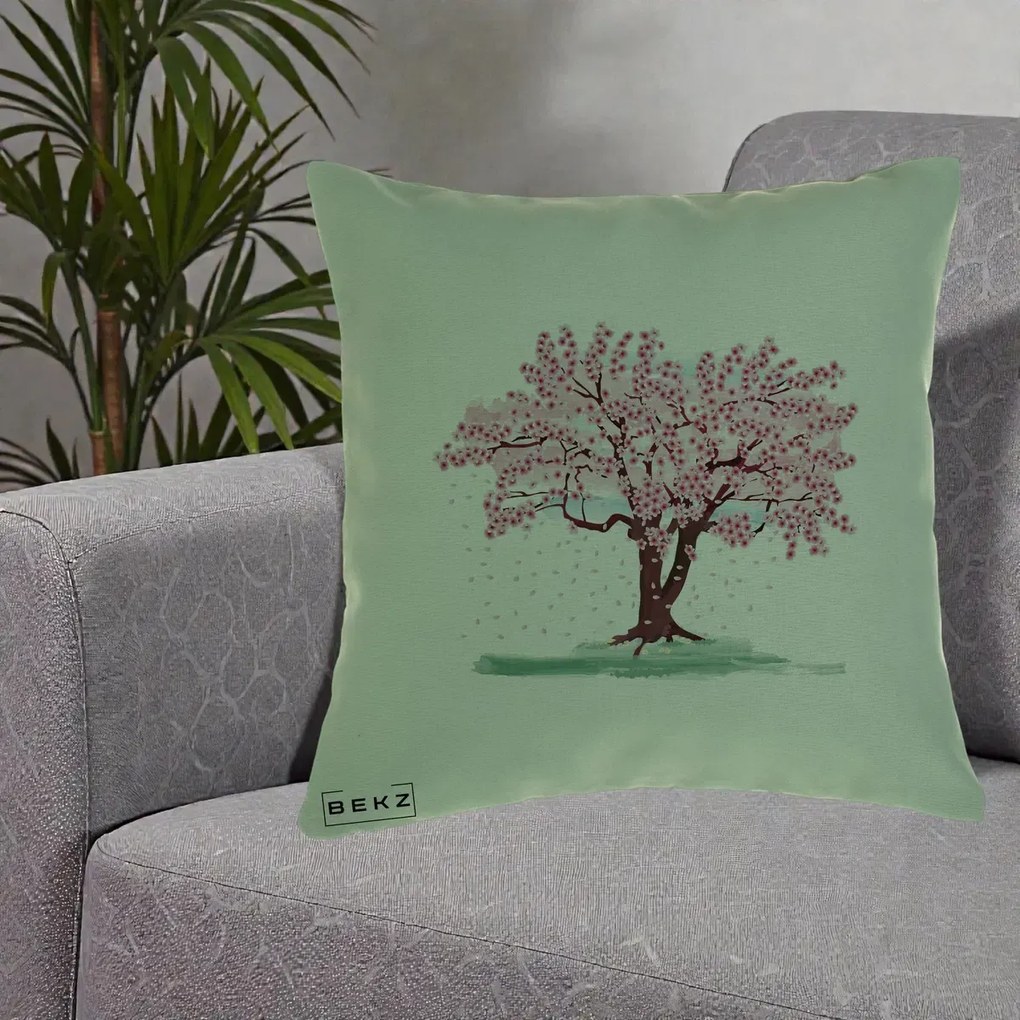 Perna Decorativa Cires Inflorit Acuarela, 40x40 cm, Verde, Husa Detasabila, Perna Inclusa, BEKZ®