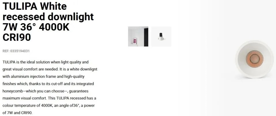 Spot LED incastrabil TULIPA White recessed downlight 7W 36° 4000K CRI90