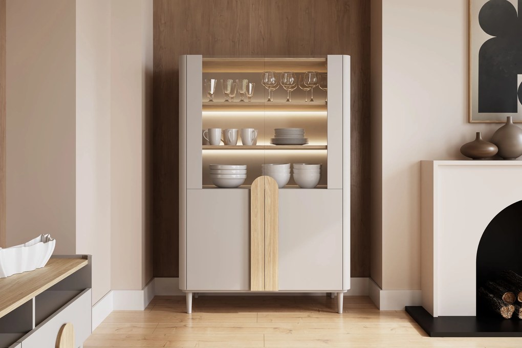 Vitrină Amilio 100 cm pentru living - cashmere / stejar uleiat / mânere stejar deschis