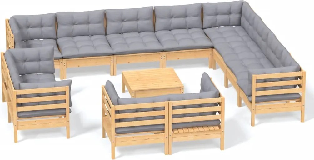 vidaXL Set mobilier grădină cu perne, 13 piese, gri, lemn masiv pin