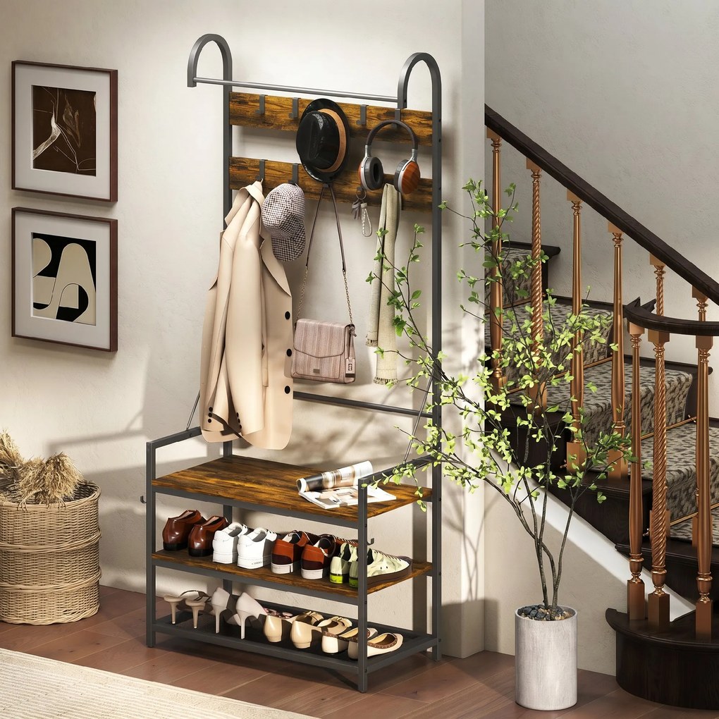HOMCOM Suport de Haine de Intrare cu Bară, 10 Cârlige Mobile, Bancă și Raft pentru Încălțăminte, Mobilier în Pal și Metal, Design Industrial, 80x40x182 cm, Maro și Negru | Aosom Romania