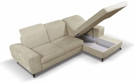 Colțar extensibil tapițat ALTA, în formă de L, cu spațiu de depozitare, pe partea dreaptă, bej