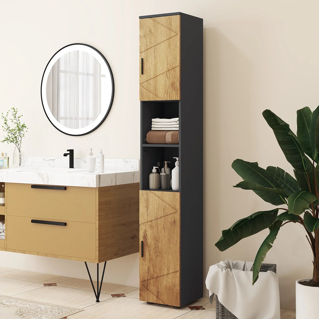 kleankin Corp înalt de depozitare pentru baie 2 uși poliță reglabilă 2 nișe 30 x 30 x 183 cm stejar gri antracit | Aosom Romania