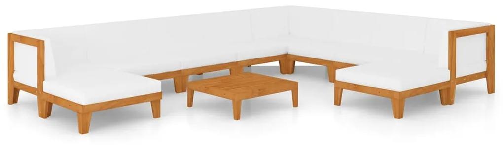Set mobilier de gradina cu perne, 11 piese, lemn masiv acacia Crem, 3x colt + 5x mijloc + 2x suport pentru picioare + masa, 1
