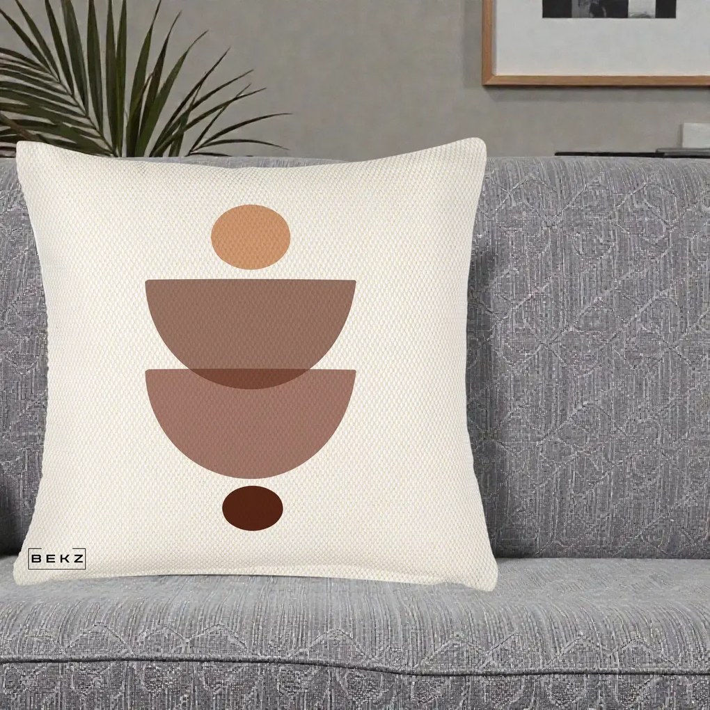 Perna Decorativa Geometric Boho Semicercuri Brun, 40x40 cm, Crem Reliefat, Husa Detasabila, Perna Inclusa, BEKZ®