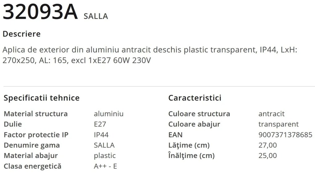 Aplica de exterior cu protectie IP44 SALLA antracit 32093A GL