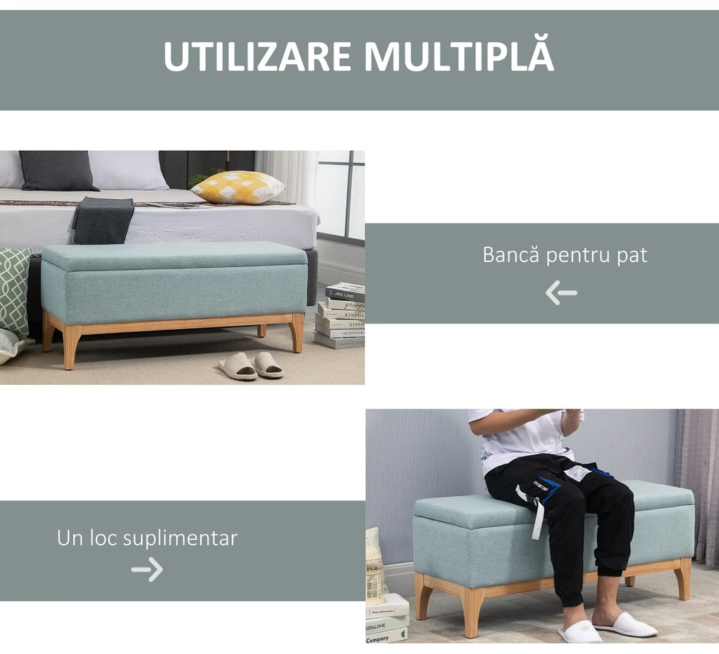Banca de Depozitare HOMCOM din Tesatura cu Efect In si Lemn pentru Hol, 110x39x45lcm, Albastru deschis | Aosom Romania