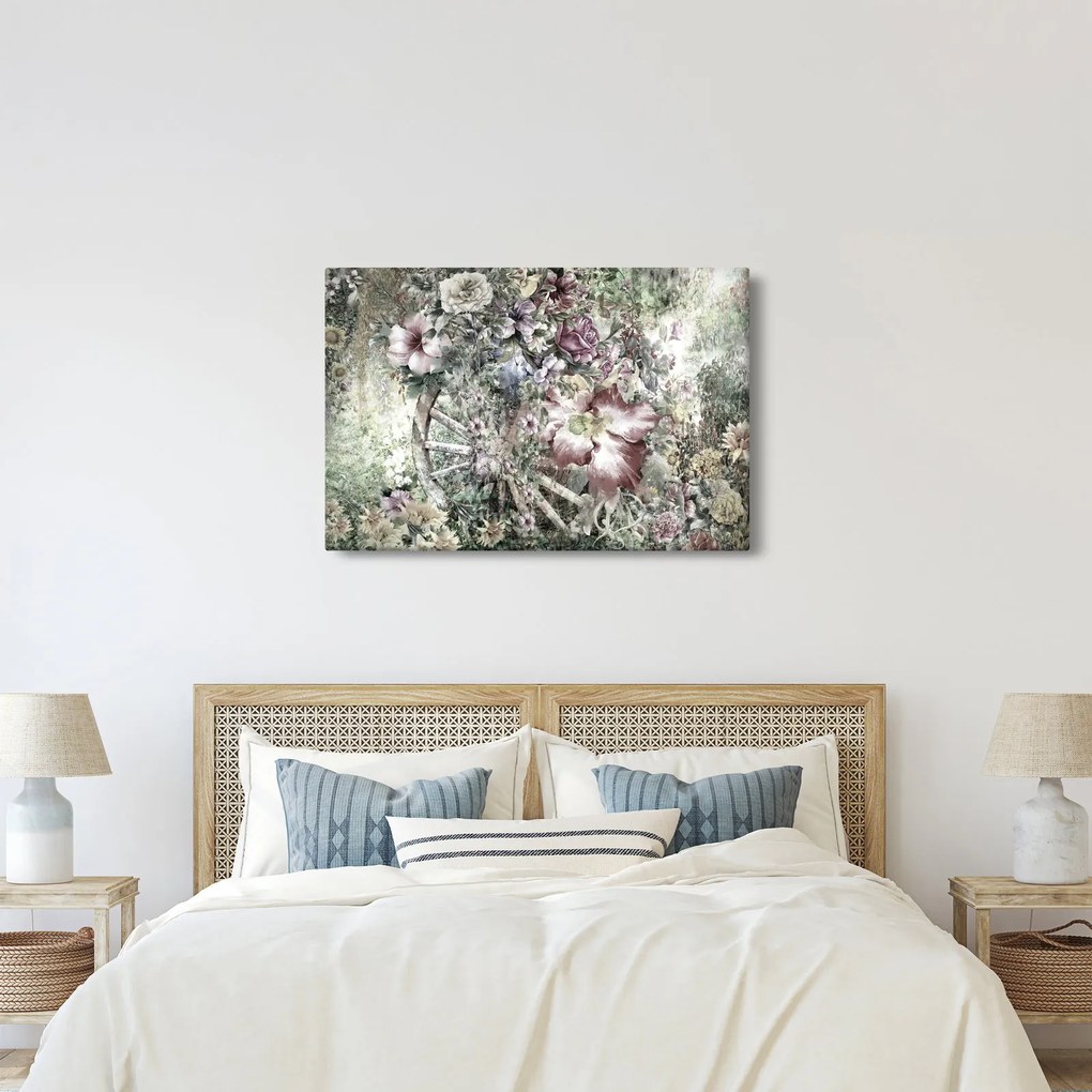 Tablou - Flori pe roata de lemn (90x60 cm)