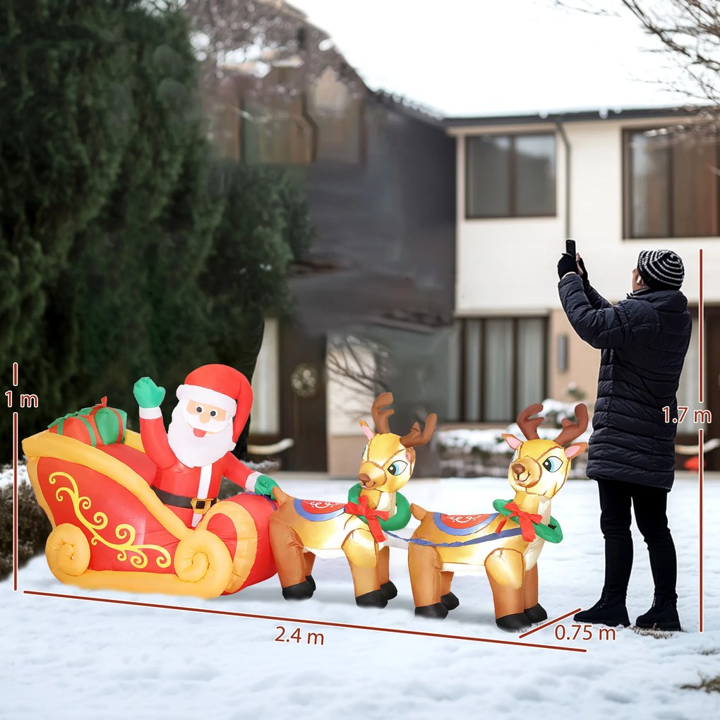 Outsunny Decorație de Crăciun Gonflabilă de 2,4 m pentru Exterior, Moș Crăciun Gonflabil cu Sanie și Reni, 6 Lumini LED și Suflantă, pentru Grădină și Interior | Aosom Romania