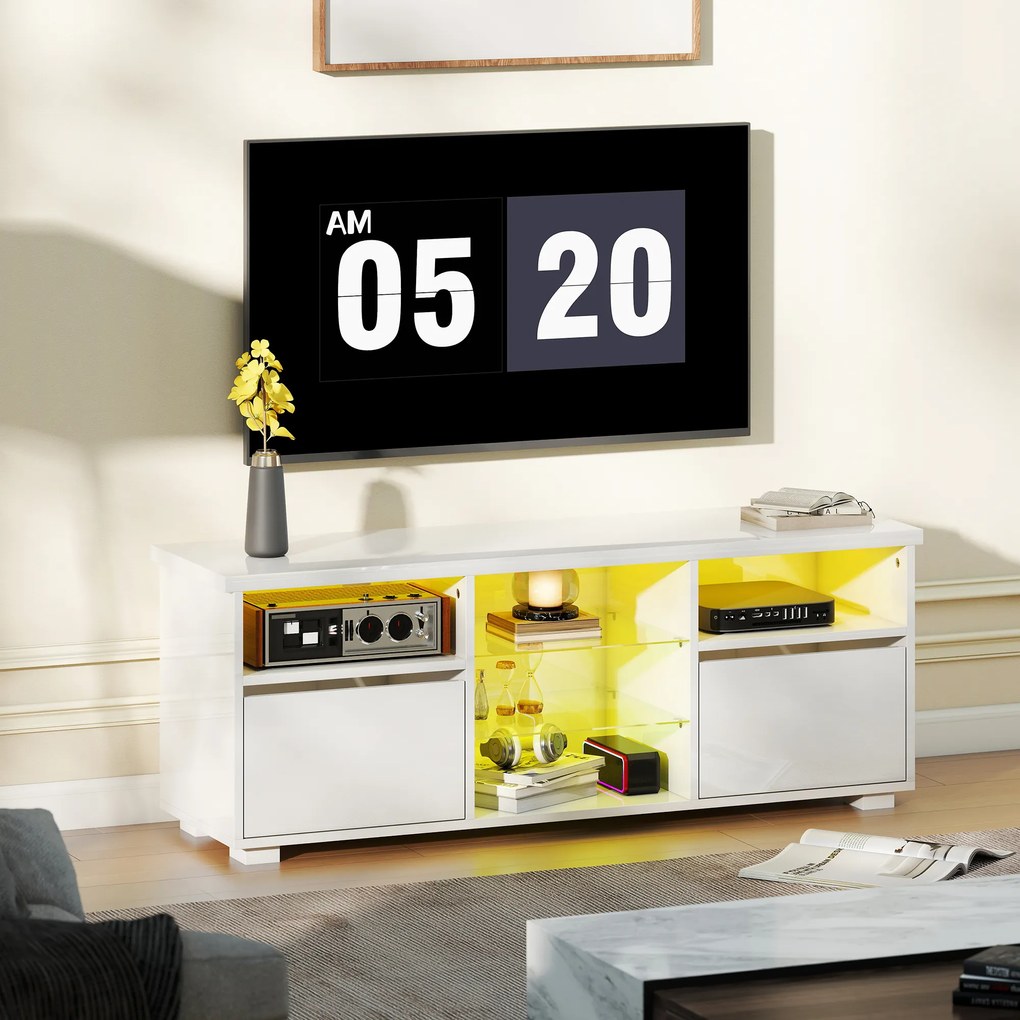 HOMCOM Suport TV 120 cm, suport televizor pentru televizoare de până la 55 inch cu iluminare LED și telecomandă, rafturi din sticlă alb | Aosom Romania
